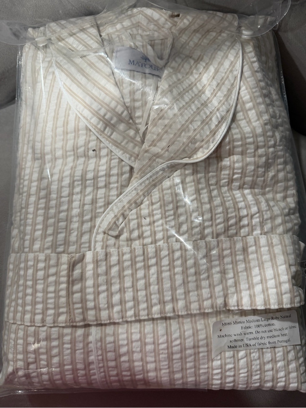 Matouk Neutral Striped Robe - Beige & White - Picture 3 of 4